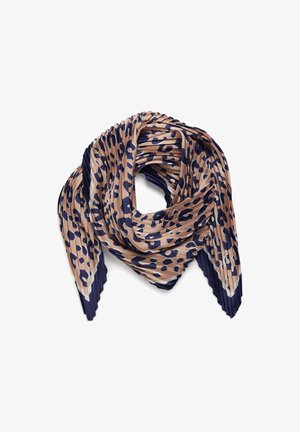 Nabrana marama od mekanog materijala, s bež pozadinom i tamnoplavim leopard uzorcima te mornarskim rubovima.