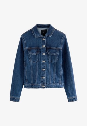 Veste en jean bleue à manches longues, fermeture boutonnée à l'avant, col et deux poches poitrine à rabat.