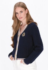 Marineblauer Strickcardigan mit V-Ausschnitt, creme- und burgunderfarbenen Streifen, goldenen Knöpfen und einem dekorativen Emblem auf der linken Brust.