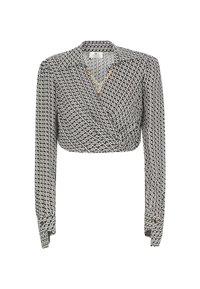 Blusa avvolgente a maniche lunghe in bianco e nero con colletto classico. Tessuto texturizzato con design geometrici e polsini con bottoni.