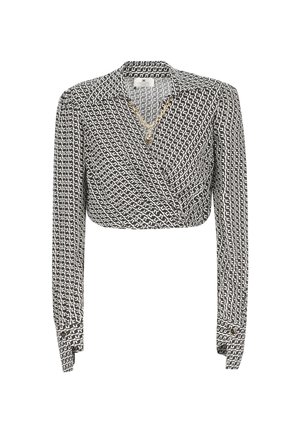 Blusa avvolgente a maniche lunghe in bianco e nero con colletto classico. Tessuto texturizzato con design geometrici e polsini con bottoni.