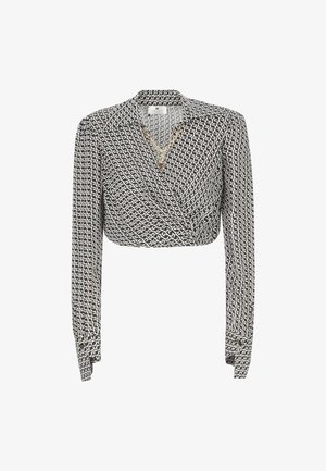 Blusa avvolgente a maniche lunghe in bianco e nero con colletto classico. Tessuto texturizzato con design geometrici e polsini con bottoni.