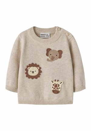 Beżowy sweterek dla niemowlaka z dzierganymi twarzami lwa, słonia i żyrafy z przodu oraz dwoma guzikami na ramionach do zapinania.