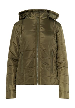 Oliņu zaļš pūkains jaka ar kapuci, ar rāvējslēdzēju priekšā un divām kabatām sānos ar rāvējslēdzējiem. Iezīmējas ar izšūtu dizainu un gludu, spīdīgu tekstūru.