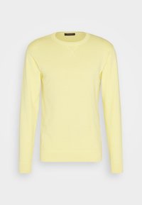 Gelber Langarmpullover aus weichem Material. Mit rundem Halsausschnitt, gerippten Bündchen und Saum, schlichtes Design ohne Muster.