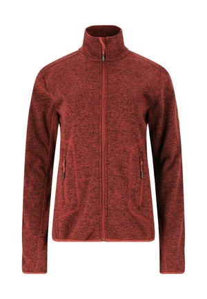 Rote, strukturiert Jacke mit Reißverschluss, die zwei seitliche Taschen, kontrastierende Reißverschlüsse und ein hohes Kragendesign aufweist. Robuster Stoff mit sportlicher Ästhetik.