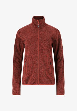 Rød, tekstureret zip-jakke med to sidelommer, kontrasterende lynlåse og en høj krave. Holdbart stof med et sporty æstetik.