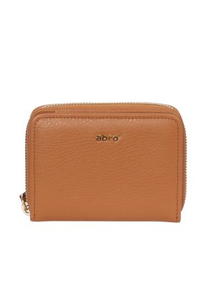 Tan leather wallet featuring a zip closure, smooth texture, and embossed logo on the front. Compact rectangular shape with subtle stitching details.