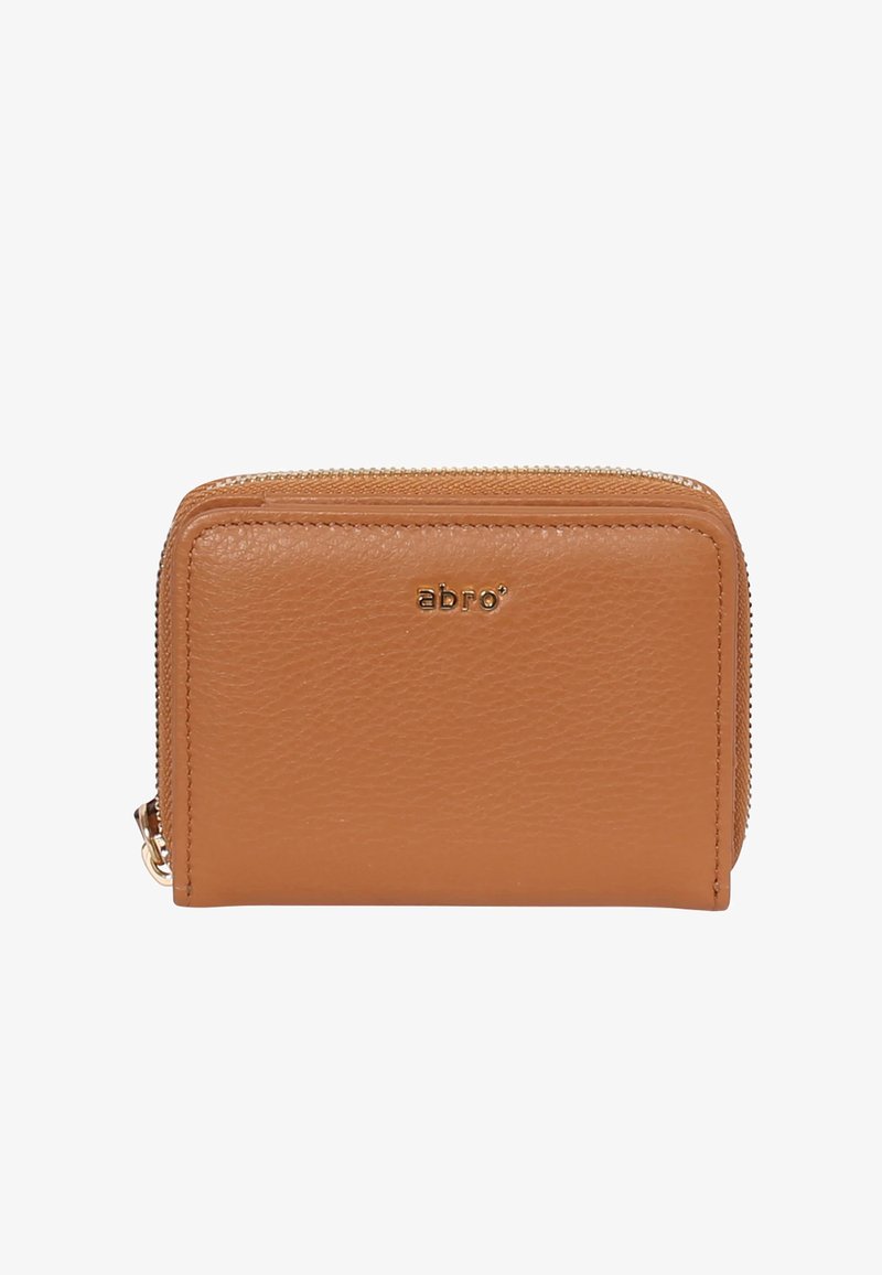 Tan leather wallet featuring a zip closure, smooth texture, and embossed logo on the front. Compact rectangular shape with subtle stitching details.