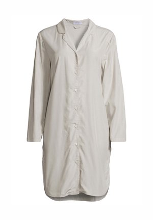 Vaalean beige nappikauluksellinen paitamekko, jossa on pitkät hihat, kaulus ja hieman pidempi takahäntä, valmistettu sileästä kankaasta.