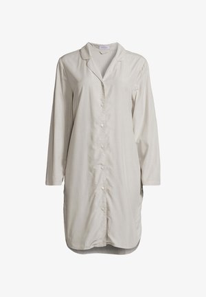 Ljusbeige knäppt skjortklänning med långa ärmar, krage och en något längre bakre fåll, tillverkad av ett glatt tyg.