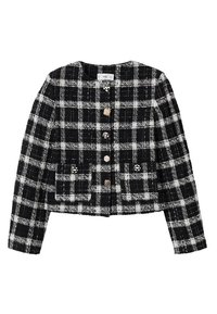 Sort og hvid ternet jakke med cropped design, tekstureret stof, fire knapper og to frontlommer.