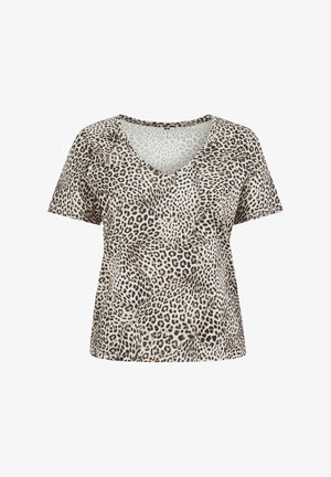 T-shirt à manches courtes et décolleté en V, imprimé léopard dans des tons beiges et bruns, offrant une coupe décontractée et une texture de tissu douce.