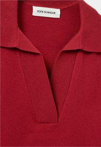 Rode gebreide poloshirt met een V-hals en korte kraag. Zachte textuur en consistente kleur zonder zichtbare patronen of hardwaredetails.