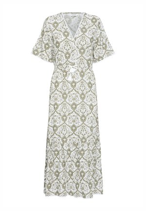 Abito midi bianco con motivo geometrico floreale verde, scollo a V, maniche corte e cintura in vita con nappine.