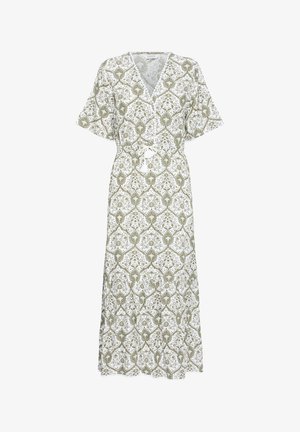 Fehér midi ruha zöld virágos geometrikus mintával, V-nyakkivágással, rövid ujjakkal és derékrészen bojtokkal díszített megkötővel.