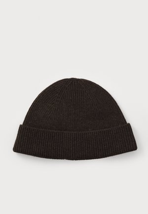 Brown ribbed knit beanie with a folded cuff, featuring a smooth texture and a rounded top design. Made from soft, warm wool blend material.
