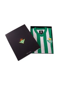 Groen en wit gestreept shirt met een V-halsontwerp, weergegeven in een zwarte doos met een logo en gouden accenten.