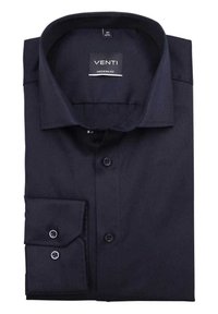 Navyblauwe overhemden, moderne pasvorm, lange mouwen, knoopsluiting op de kraag, enkele knoop bij de manchetten, gladde stof zonder patronen, merkaanduiding zichtbaar.