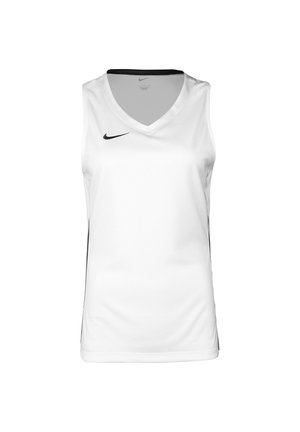 Haut de sport sans manches blanc avec un col en v, accents noirs sur les côtés et un petit logo noir sur le haut à gauche de la poitrine. Tissu lisse.