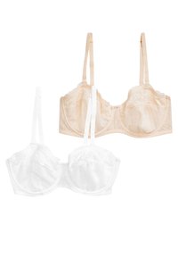 Due reggiseni in beige e bianco, con dettagli in pizzo, supporto con ferretto e spalline regolabili. Il design comprende una texture a pois.