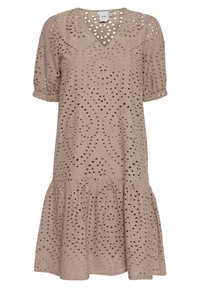 Béžové šaty s výšivkou, výstřihem do V a krátkými nabíranými rukávy. Obsahují vrstvenou sukni s volánovým lemem. Materiál směs bavlny.