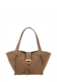 Brown suede tote bag with a structured shape, featuring a gold-tone hardware accent and a knotted detail. Double shoulder straps.