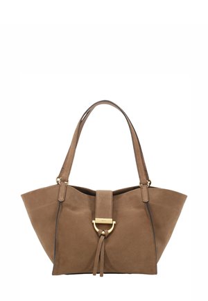 Brown suede tote bag with a structured shape, featuring a gold-tone hardware accent and a knotted detail. Double shoulder straps.