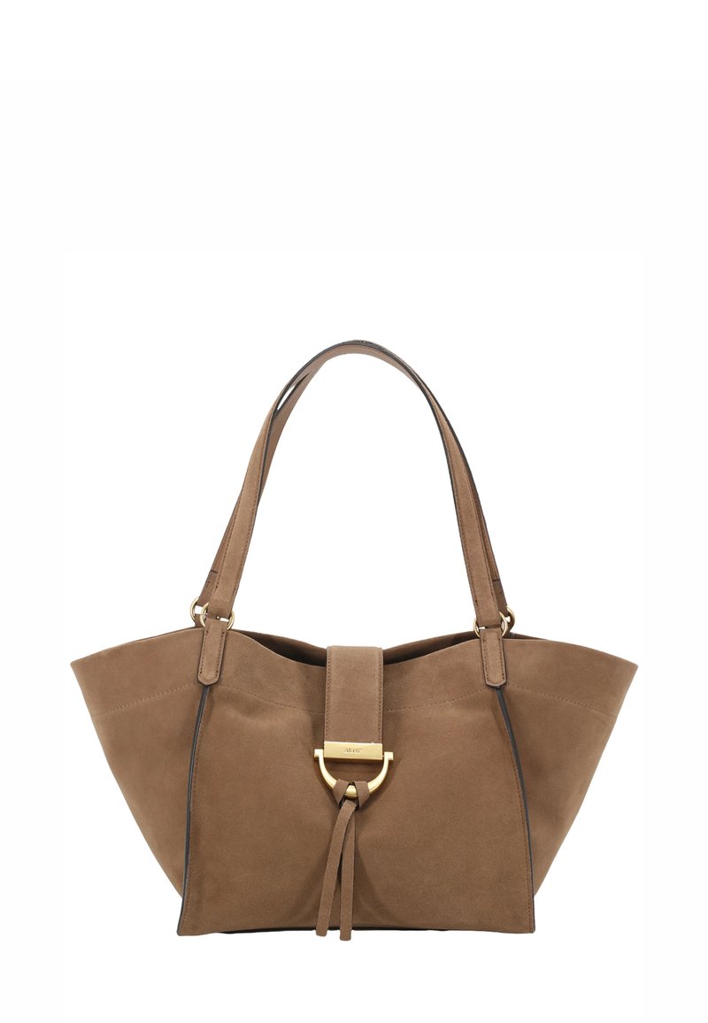 Brown suede tote bag with a structured shape, featuring a gold-tone hardware accent and a knotted detail. Double shoulder straps.