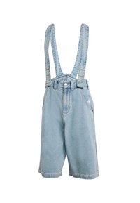 Džínové šortky s nastaviteľnými traky, svetlomodrá farba, päť vreciek, rovný strih, mierne vyblednutie a kovové detaily.