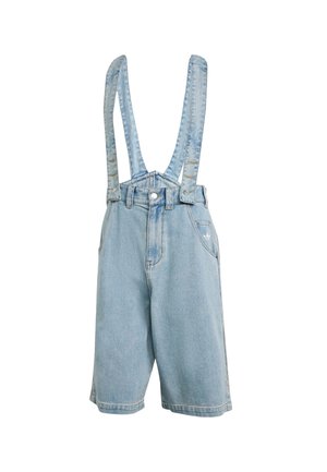 Jeansshorts med justerbara hängslen, ljusblå färg, fem fickor, rak passform, lätt tvättning och metallbeslag.