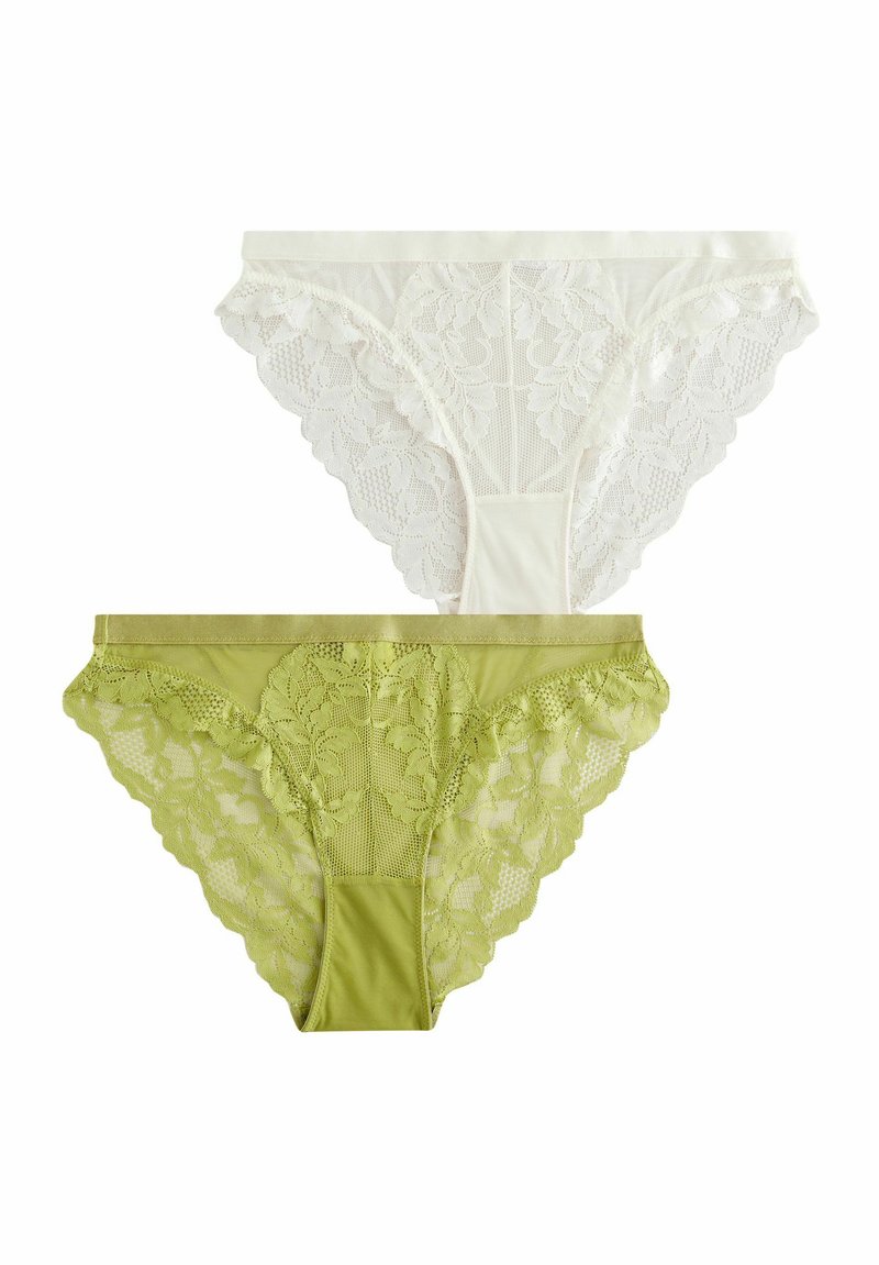 Spitzen- und Stoffunterwäsche in Weiß und Hellgrün. Mit floralen Mustern, gewellten Kanten und einem weichen Bund.