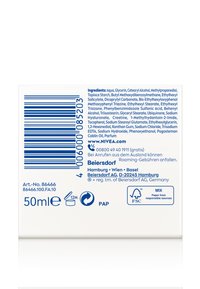 White rectangular packaging with blue text and graphics. Contains ingredient list, product volume (50ml), and recycling symbols.