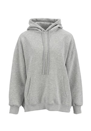 Lysegrå pullover-hoodie med kængurulomme, snøre i hætten, lange ærmer samt ribkant ved ærmer og forneden.