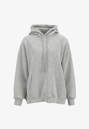 Jasnoszara bluza z kapturem typu pullover, z kieszenią kangurka, kapturem ze ściągaczem, długimi rękawami oraz ściągaczami na mankietach i u dołu.