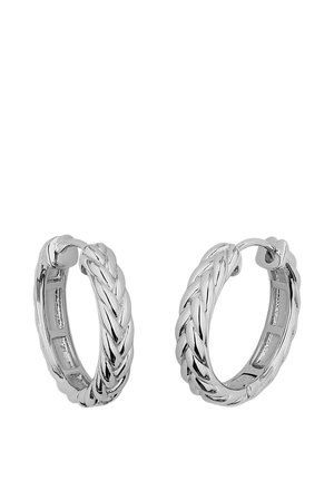 Pair of silver hoop earrings with a braided design and a polished finish, shown against a plain white background.