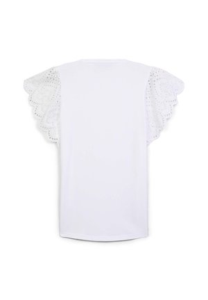 Maglietta bianca in cotone con maniche corte, dettagli intricati in pizzo, bordi smerlati e scollo rotondo. Tessuto liscio su tutta la superficie.