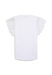 T-shirt bianco con maniche corte in pizzo ad occhiello e bordo a scollatura, realizzato in cotone, con una texture liscia e una vestibilità comoda.