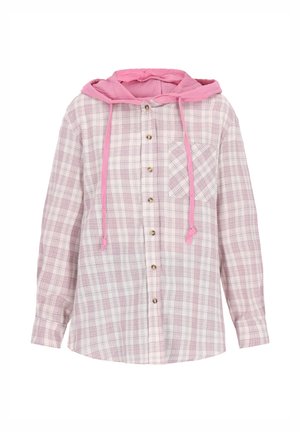 Koszula flanelowa typu button-up w różowo-białą kratę z różowym kapturem, zawierająca kieszeń na piersi oraz sznurki do regulacji. Teksturowana tkanina.
