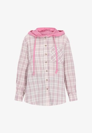 Koszula flanelowa typu button-up w różowo-białą kratę z różowym kapturem, zawierająca kieszeń na piersi oraz sznurki do regulacji. Teksturowana tkanina.