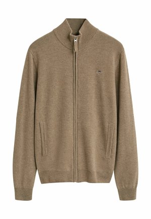 Maglione beige con zip, colletto, polsini e orlo a coste, due tasche frontali e piccolo logo ricamato sul lato sinistro del petto.