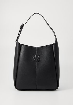 Black leather handbag with a smooth texture, a single strap, and embossed logo on the front. Features a rounded shape and minimalist design.