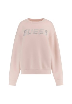 Light pink sweatshirt made of soft fabric, featuring long sleeves and a round neckline. "GUESS" in silver rhinestones across the chest.