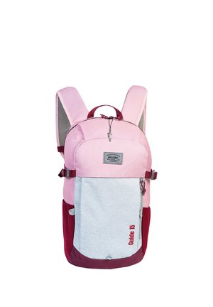 Roze en witte rugzak met gevoerde schouderbanden, voorvak met ritssluiting met label "Guide 15" en zijvakken van mesh.