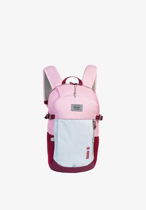 Sac à dos rose et blanc avec bretelles rembourrées, poche avant zippée étiquetée "Guide 15" et poches latérales en mesh.