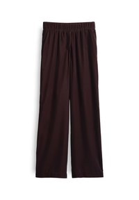 Wide-leg trousers in a dark brown, lightweight fabric. Features an elastic waistband and a smooth texture with no visible patterns or accents.