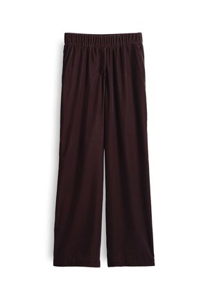 Wide-leg trousers in a dark brown, lightweight fabric. Features an elastic waistband and a smooth texture with no visible patterns or accents.