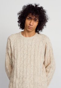 Bežna pletena majica s kabelskim vzorcem. Teksturirana tkanina, rebrast ovratnik in raglan rokavi. Nevtralna barva primerna za plastenje.