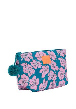 Borsetta blu con zip con motivo floreale di ibisco rosa e dettaglio pompon turchese sulla cerniera.