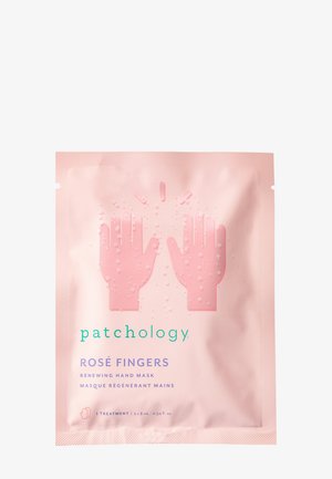 Rosa emballage til Patchologys "Rosé Fingers" håndmaske præsenterer illustrationer af hænder, bobler og tekst i teal og lilla. Indeholder 2 behandlinger.